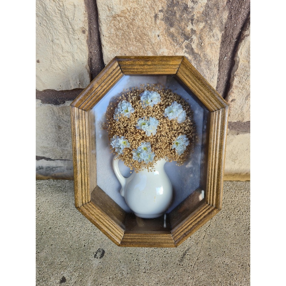 Vintage Octagon Shadow Box Floral Wall Art Cottage Farmhouse 3D Decor 7x9